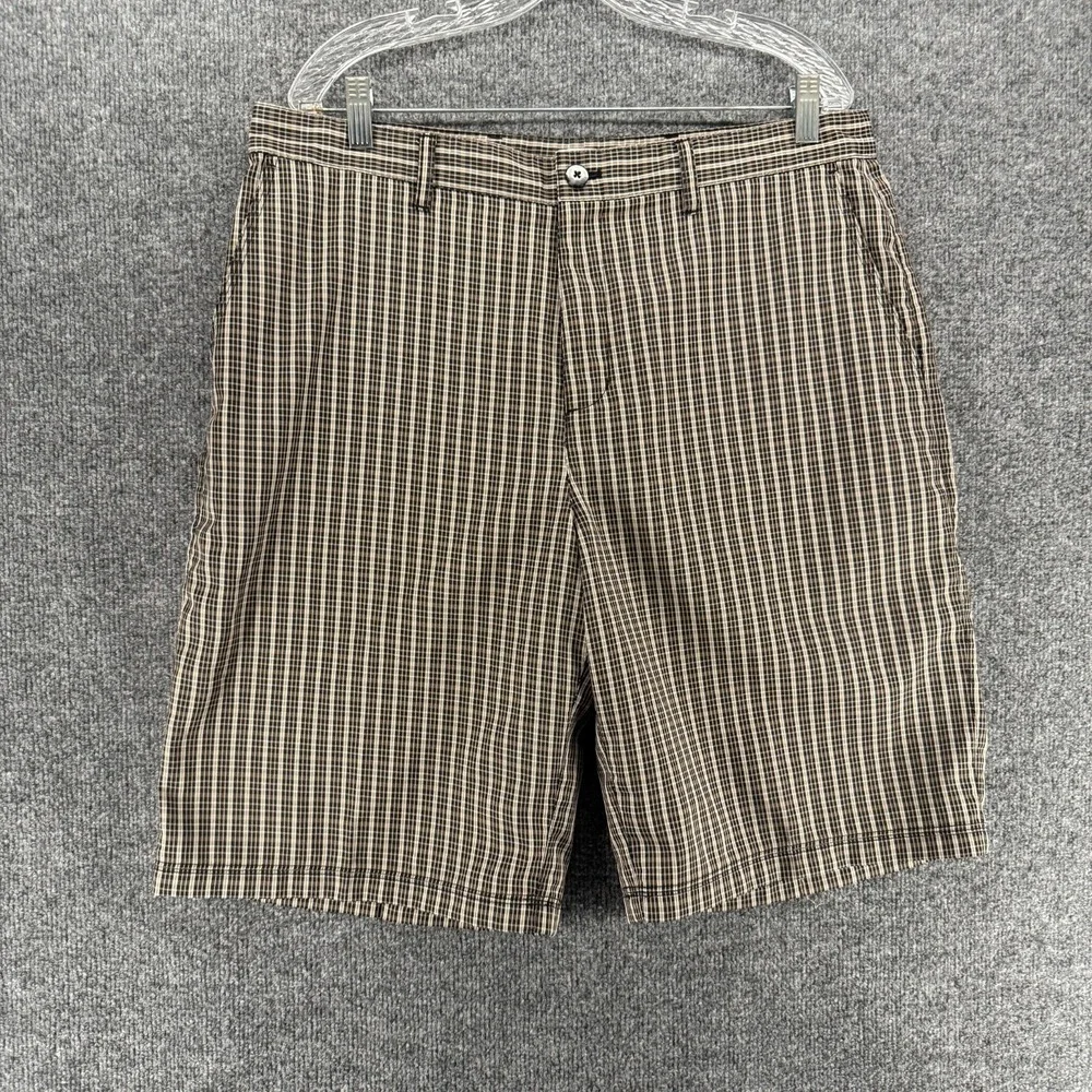 Adidas Shorts Mens 36 Black Beige Plaid Flat Front Straight Preppy Golf Tennis